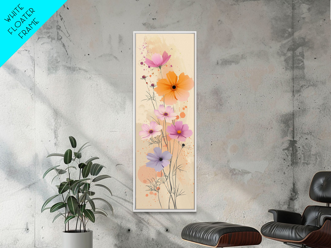 Delicate Flowers in Soft Pastel Colors Skinny Art Ukiyo-e Style Tall Framed Canvas Print for Home Décor