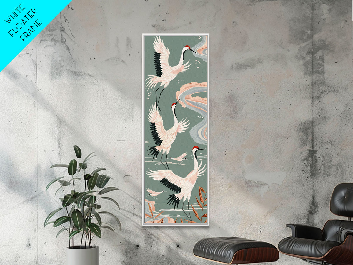 Cranes In Flight Framed Canvas Print, Traditional Japanese Art With Soft Colors And Detailed Wings, Wall Art Ready To Hang