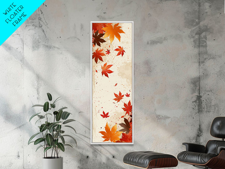 Skinny Art Autumn Leaves In Japanese Style Wood Block Print Warm Red And Orange Tones On Framed Canvas Print, Tall Art Ukiyo-e