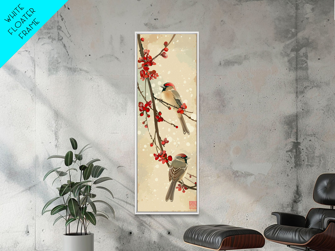 Skinny Art Sparrows And Cherry Blossoms In Japanese Style Wood Block Print Gentle Color Palette On Framed Canvas Print, Tall Art Ukiyo-e