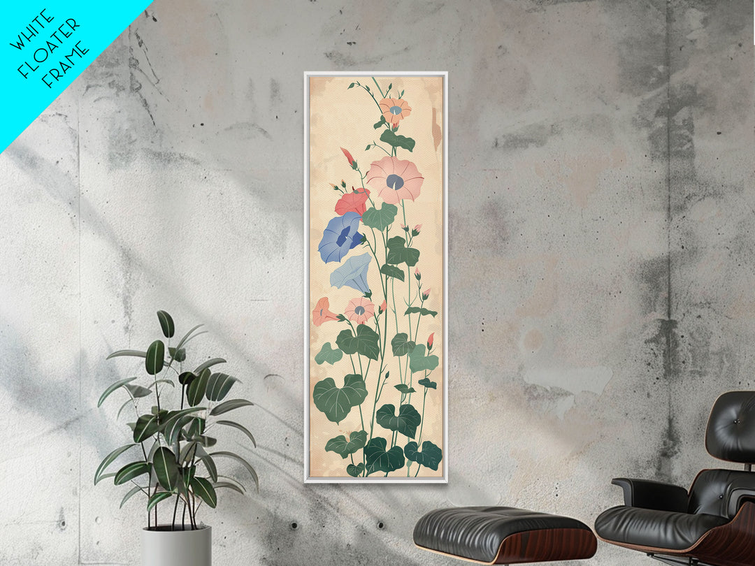 Skinny Art Tall Art Framed Canvas Print Stylized Morning Glory Blossoms In Subtle Pastel Hues Ukiyo-e Japanese Style Art Wood Block Print