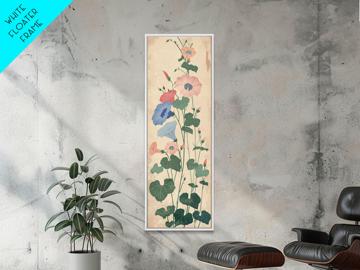 Skinny Art Tall Art Framed Canvas Print Stylized Morning Glory Blossoms In Subtle Pastel Hues Ukiyo-e Japanese Style Art Wood Block Print
