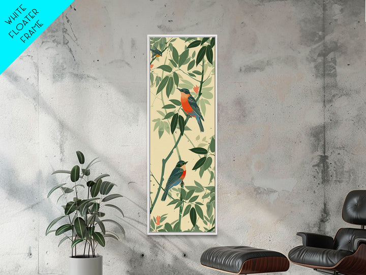 Skinny Art Tall Art Framed Canvas Print Birds Amongst Dense Greenery And Red Flowers Ukiyo-e Japanese Style Art Wood Block Print