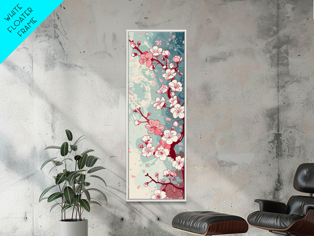 Delicate Pink Flowers On Branch Gentle Tones Skinny Art Tall Art Framed Canvas Print Japanese Style Art Ukiyo-e Art Wood Block Print Floral