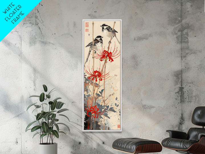 Blossoming Pink Flowers Bold Red Accents Skinny Art Tall Art Framed Canvas Print Japanese Style Art Ukiyo-e Art Wood Block Print Feminine