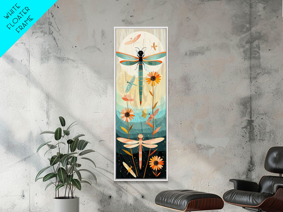 Dragonfly Gathering Night Glow Vibrant Colors Skinny Art Tall Art Framed Canvas Print Japanese Style Art Ukiyo-e Art Wood Block Print Insect Art