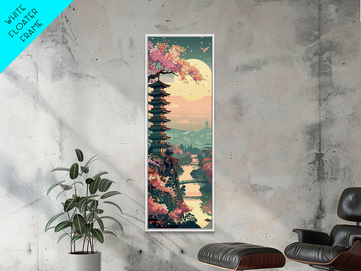 Japanese Pagoda Among Sakura Trees Under Yellow Moon Tall Art Skinny Art Framed Canvas Print Japanese Style Art Ukiyo-e Wood Block Print