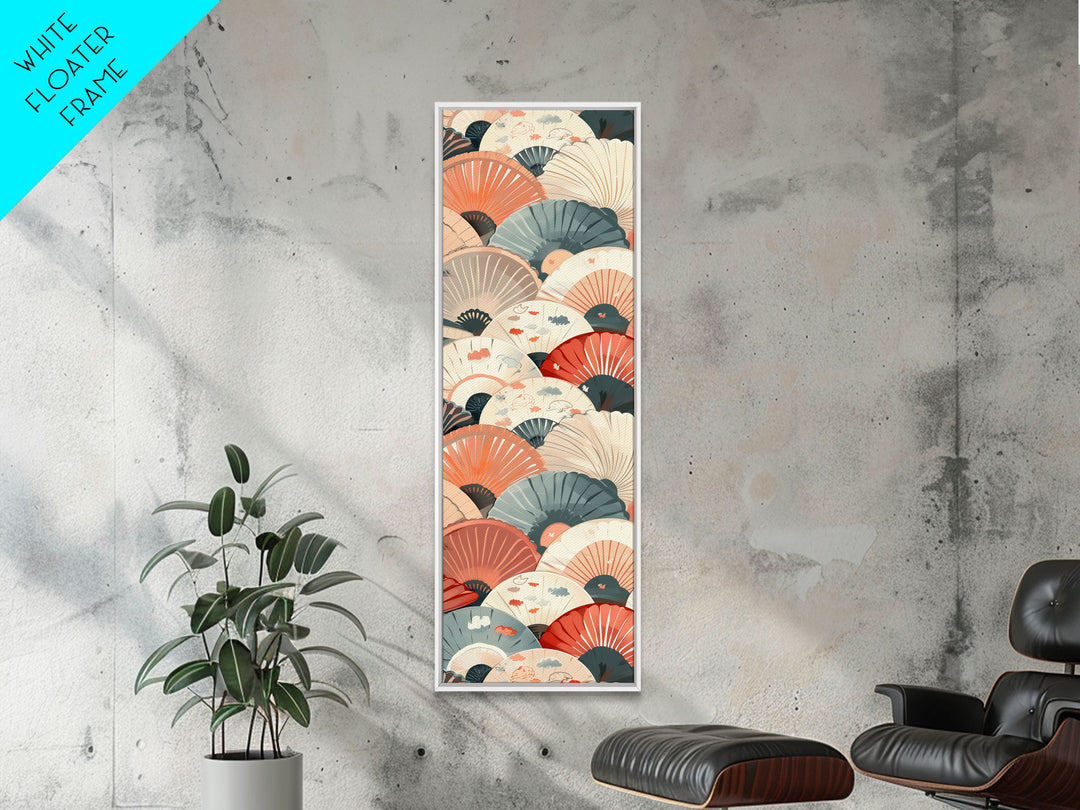 Pattern Of Overlapping Japanese Fans On Beige Background Tall Art Skinny Art Framed Canvas Print Japanese Style Art Ukiyo-e Wood Block Print