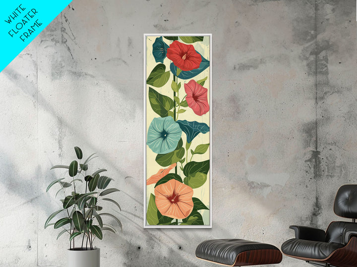 Morning Glory Flowers In Vibrant Red And Blue Shades Tall Art Skinny Art Framed Canvas Print Japanese Style Art Ukiyo-e Wood Block Print