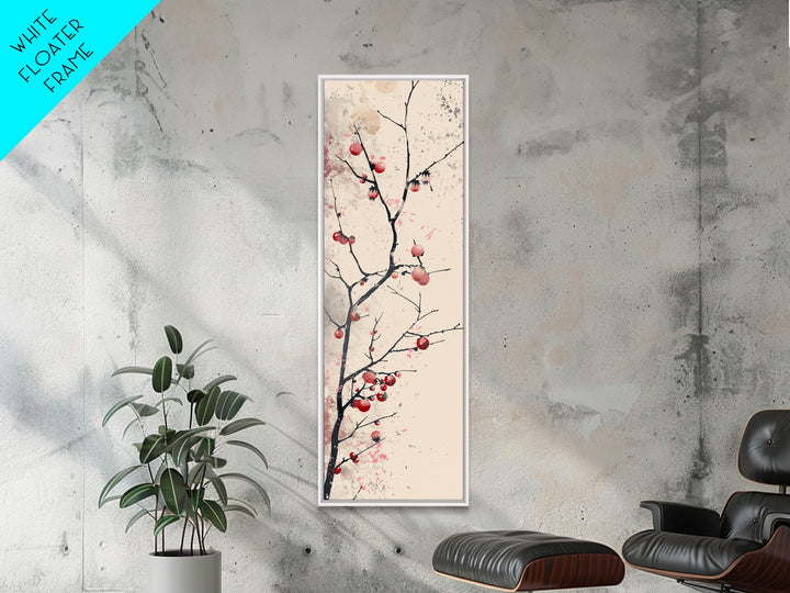 Minimalist Japanese Tree Branch With Red Berries, Ukiyo-e Woodblock Style Canvas, Framed Canvas Print, Japanese Tall Skinny Wall Art, Ready To Hang