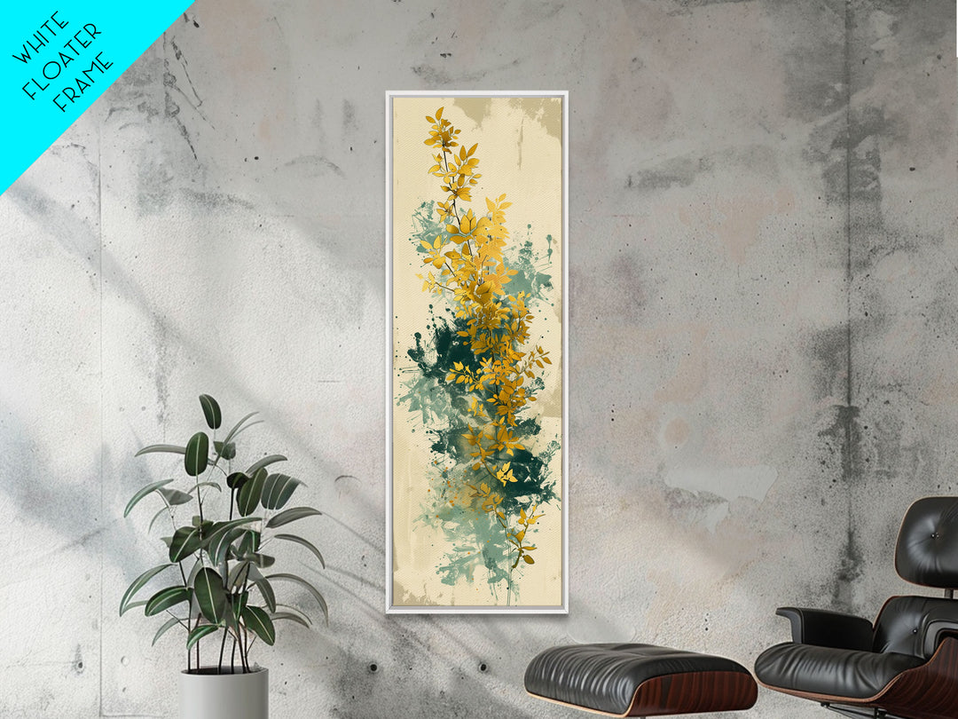 Golden Foliage Set Against Green Textured Background Skinny Art Tall Art Framed Canvas Print Japanese Style Art Ukiyo-e Art Wood Block Print Natural Elegant