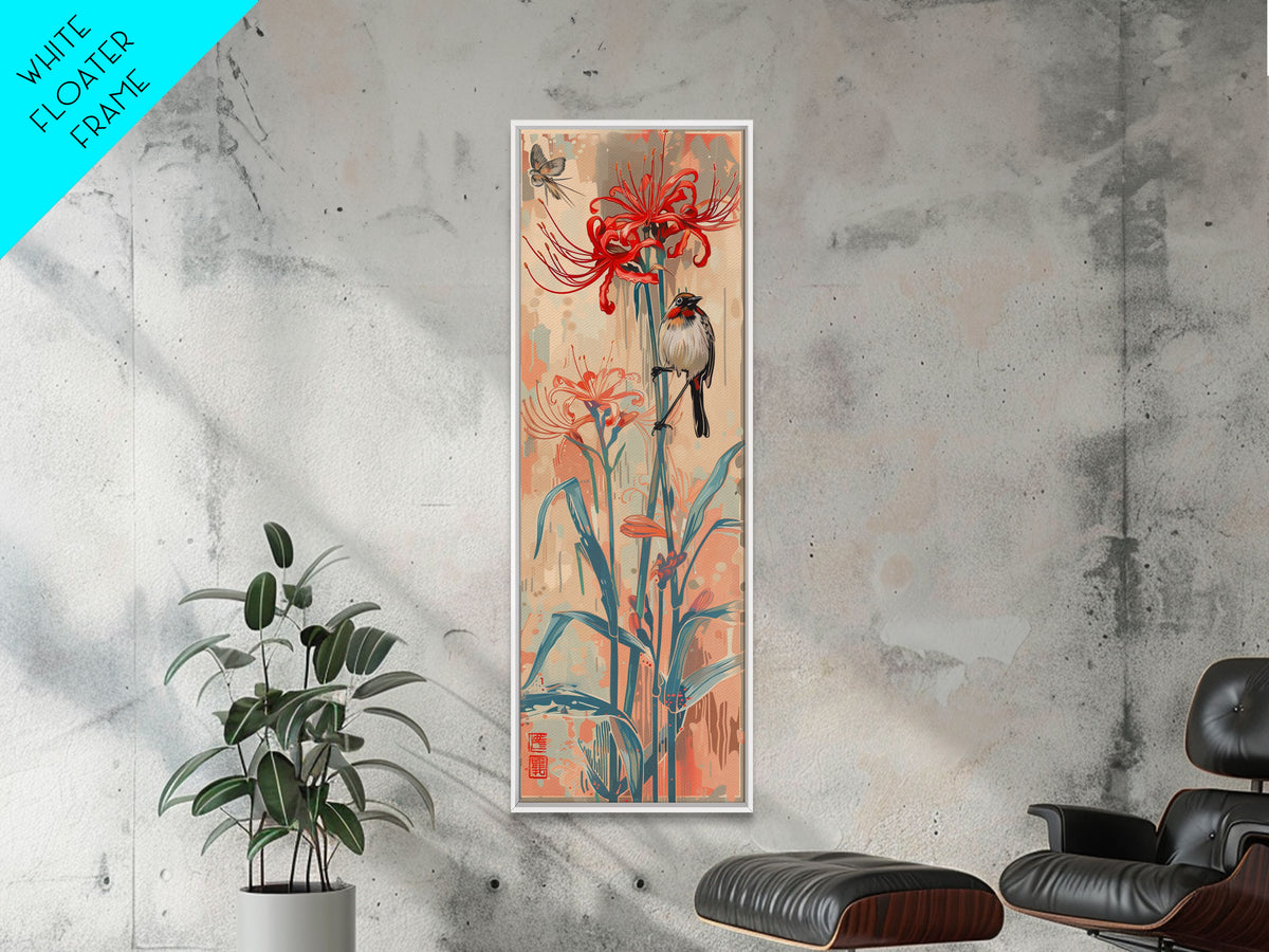 Bird Perched On Bright Red Lily Flower Skinny Art Tall Art Framed Canvas Print Japanese Style Art Ukiyo-e Art Wood Block Print Floral Detailed