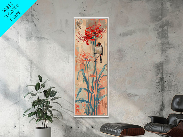 Bird Perched On Bright Red Lily Flower Skinny Art Tall Art Framed Canvas Print Japanese Style Art Ukiyo-e Art Wood Block Print Floral Detailed