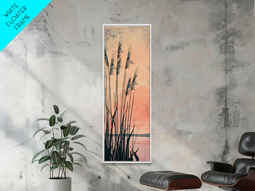 Reeds Silhouetted Against Soft Orange Sunset Skinny Art Tall Art Framed Canvas Print Japanese Style Art Ukiyo-e Art Wood Block Print Tranquil Scenic