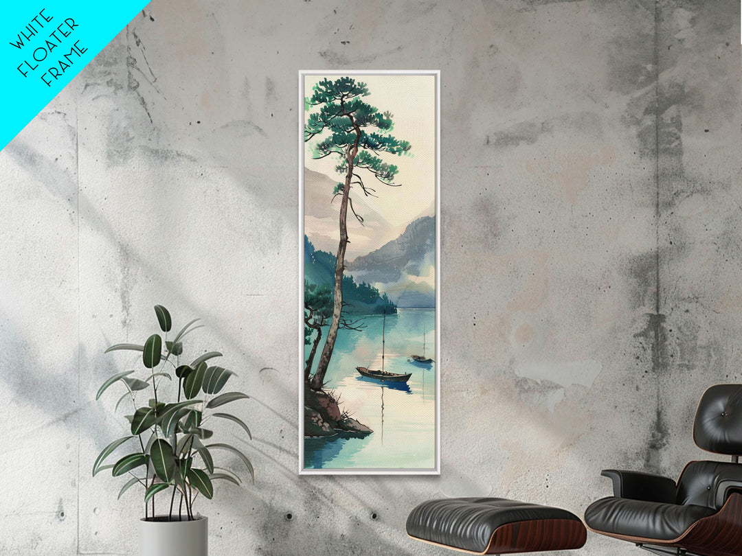 Framed Canvas Print Serene Lake Scene With Tall Pine Tree And Sailboats, Vintage Asian Landscape Art For Home Decor, Wall Decoration