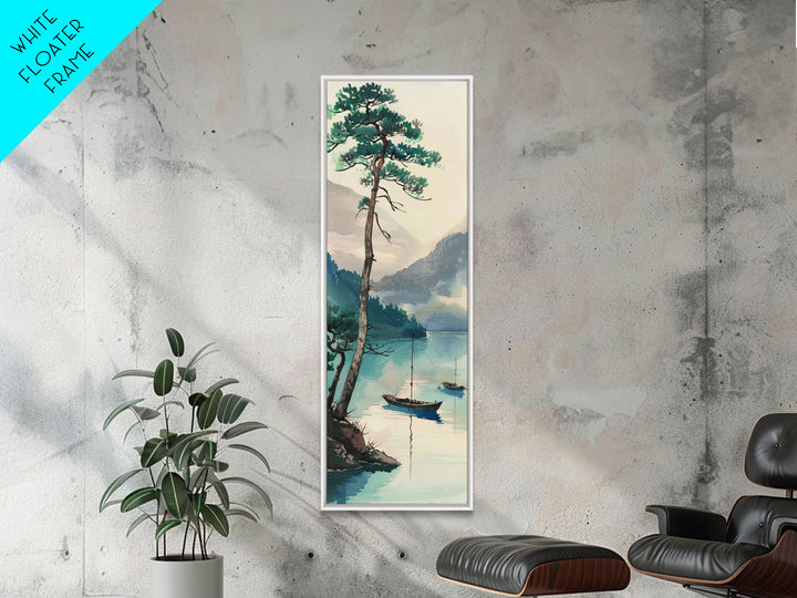 Framed Canvas Print Serene Lake Scene With Tall Pine Tree And Sailboats, Vintage Asian Landscape Art For Home Decor, Wall Decoration