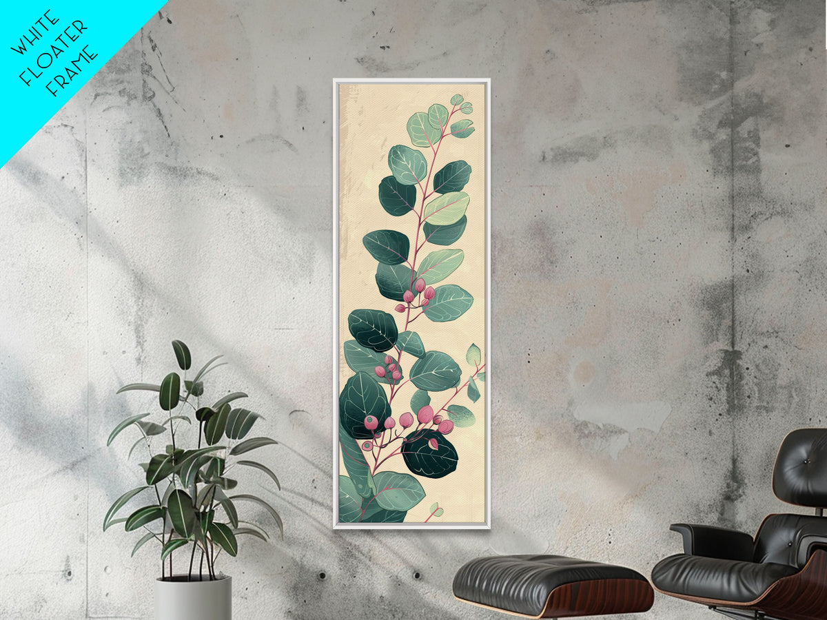 Delicate Green Leaves And Pink Buds On A Branch Against A Textured Background, Skinny Art Tall Wall Art Framed Canvas Print Japanese Style Art
