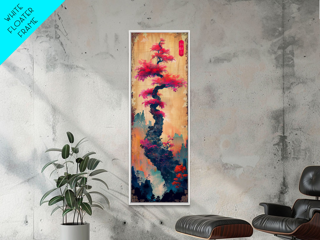 Bonsai Tree With Red Leaves On Gradient Background Wood Block Print Ukiyo-e Wall Art Tall Art Skinny Art Japanese Style