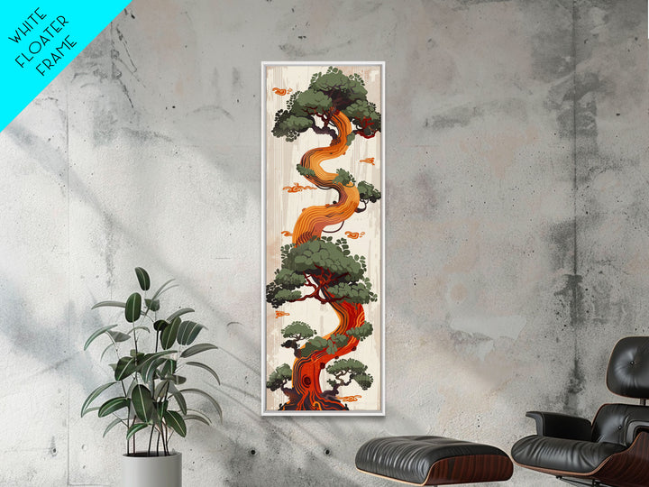 Curved Tree With Green Foliage Ukiyo-e Art Japanese Style Framed Canvas Print Wood Block Print Skinny Art Tall Art