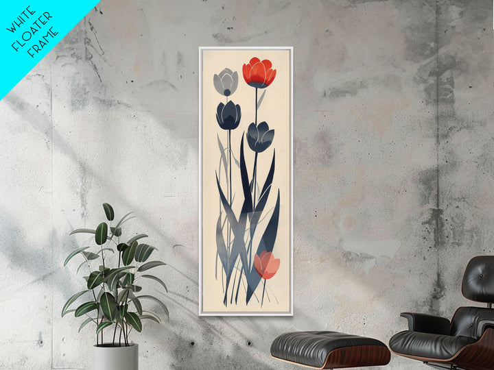 Minimalist Tulips In Red And Gray On Beige Background Framed Canvas Print Ukiyo-e Art Wood Block Print Japanese Style Skinny Art Tall Art