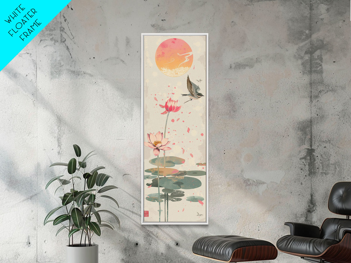 Autumn Maple Leaves Falling Tall Skinny Japanese Wall Art - Framed Canvas Print in Ukiyo-e Style