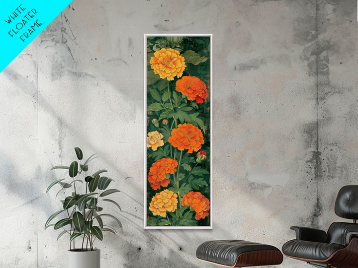 Delicate Pastel Flowers on Tall Stems Framed Canvas Print - Japanese Art Skinny Wall Décor