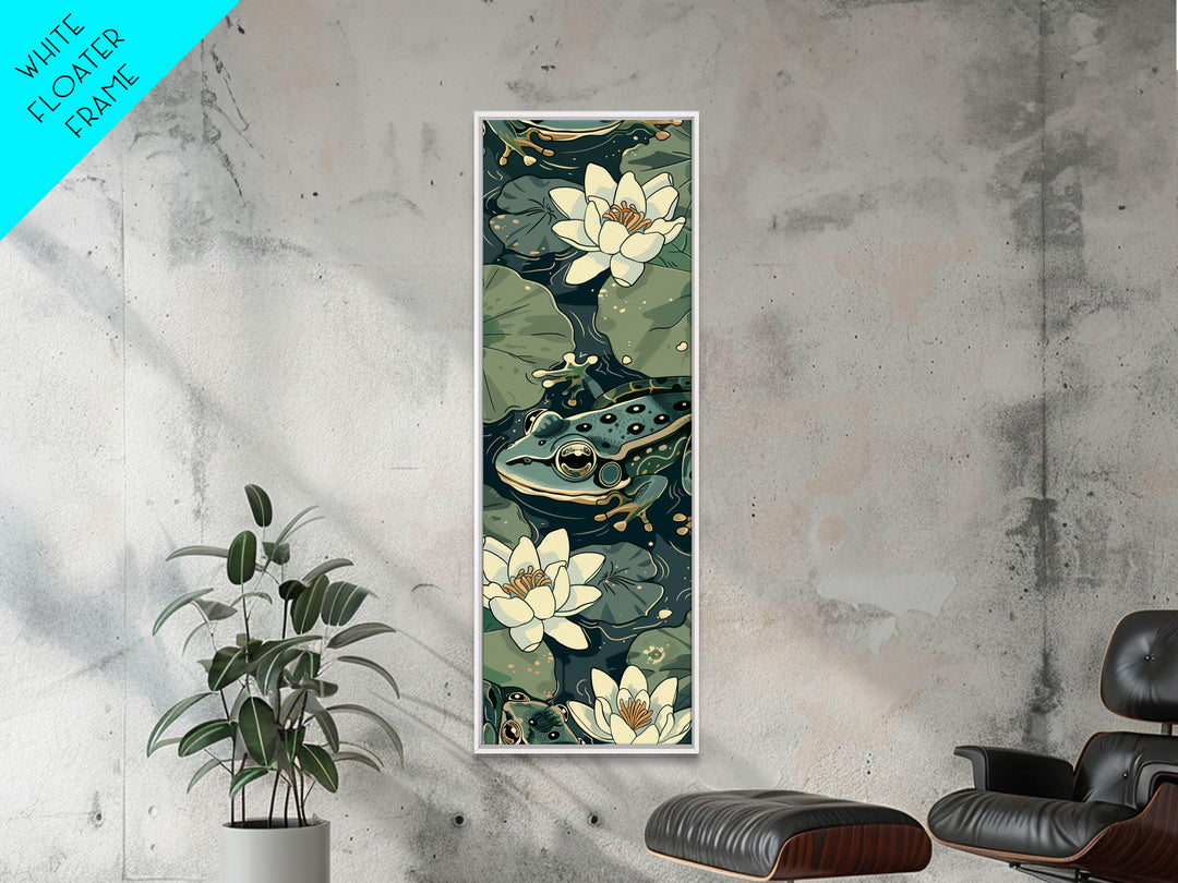 Elegant Japanese Peacock with Blossoms Tall Skinny Framed Canvas Print - Ukiyo-e Art Wall Décor