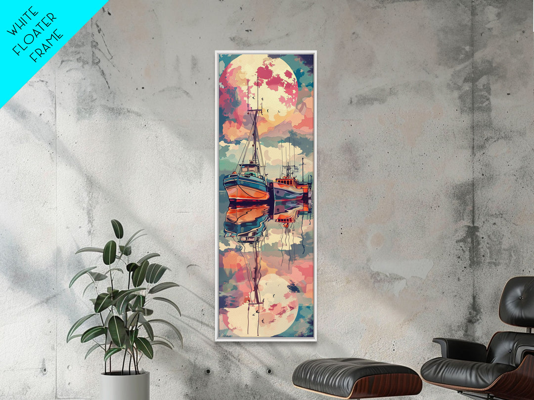 Canvas Print Colorful Fishing Boats Under Full Moon, Vibrant Coastal Scene For Nautical-Themed Home Decor, Wall Decoration