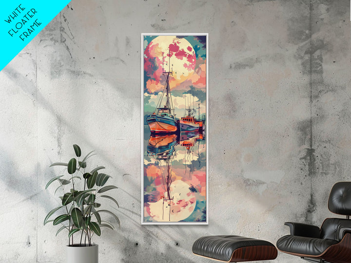 Canvas Print Colorful Fishing Boats Under Full Moon, Vibrant Coastal Scene For Nautical-Themed Home Decor, Wall Decoration