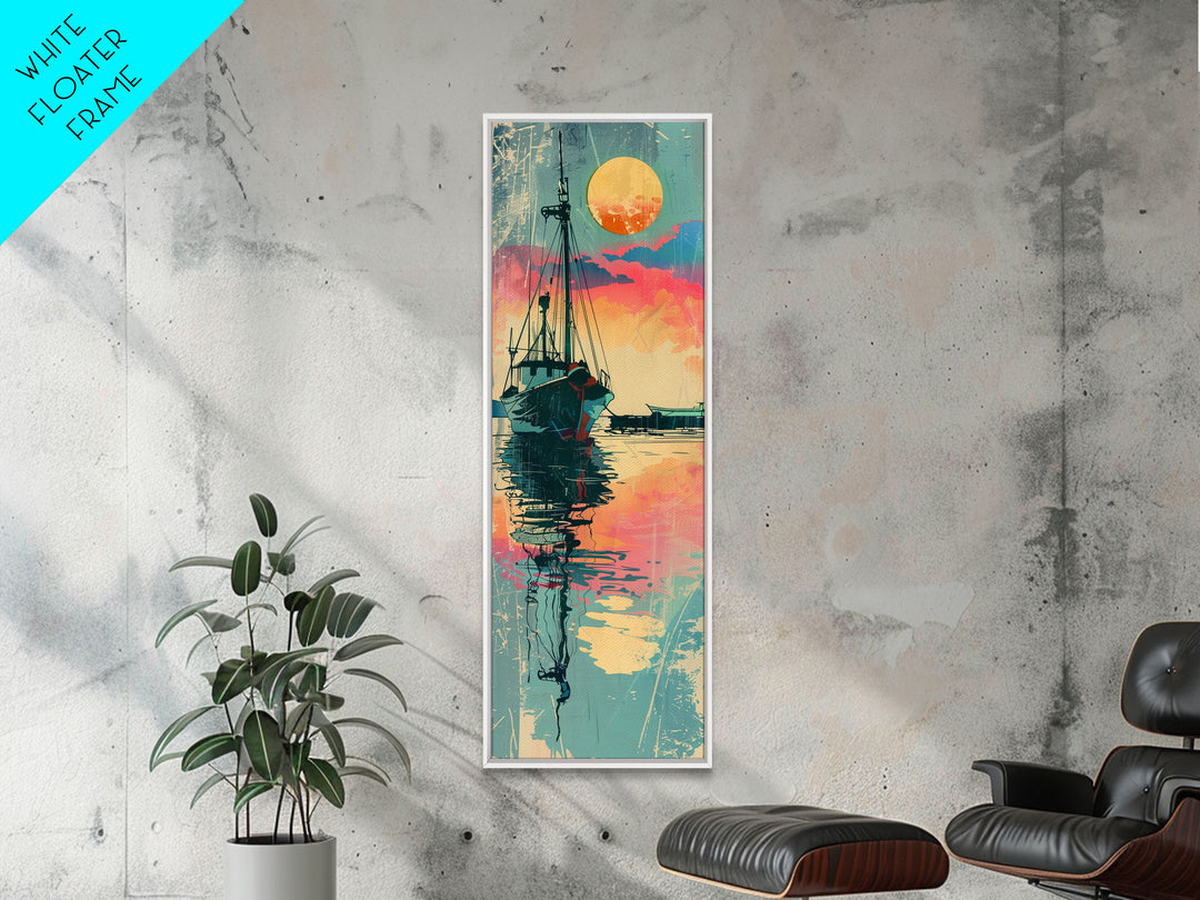 Fishing Boat Reflecting in Water with Vibrant Sunset, Japanese Art-Inspired Tall Framed Canvas Print for Wall Art