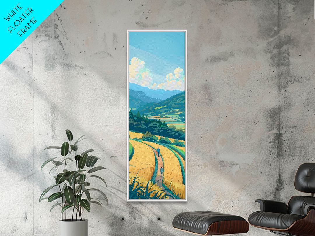 Scenic Countryside Pathway with Fields and Mountains, Skinny Framed Canvas Print for Wall Decor