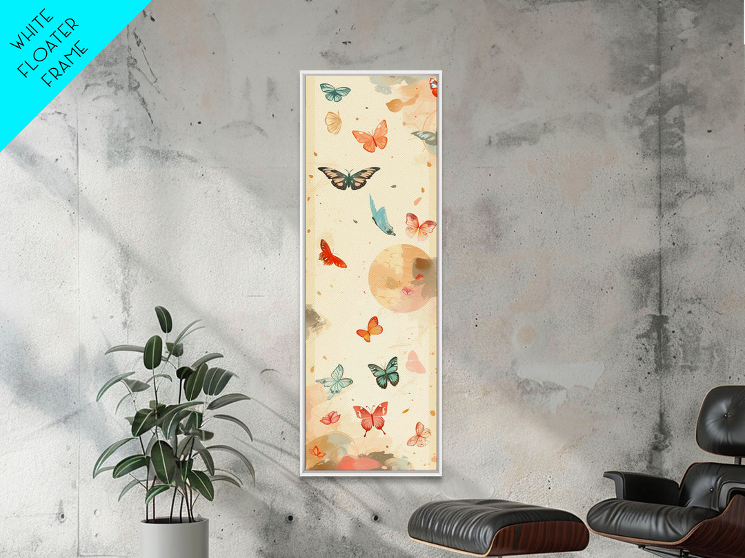 Colorful Butterflies Floating Across Light Background, Tall Framed Canvas Print for Wall Decor