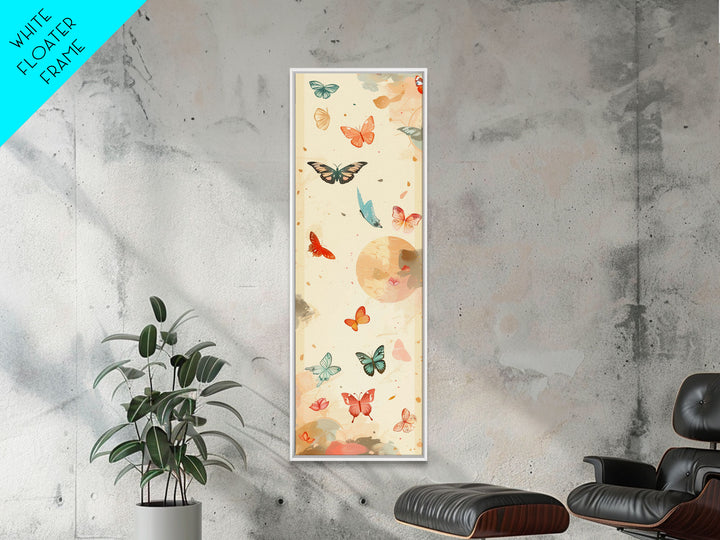 Colorful Butterflies Floating Across Light Background, Tall Framed Canvas Print for Wall Decor