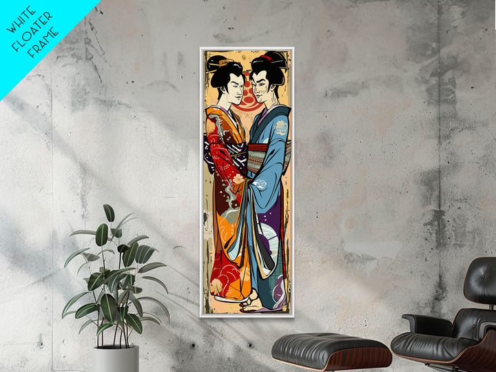 Japanese Couple in Traditional Kimono, Tall Skinny Framed Canvas Print for Wall Art