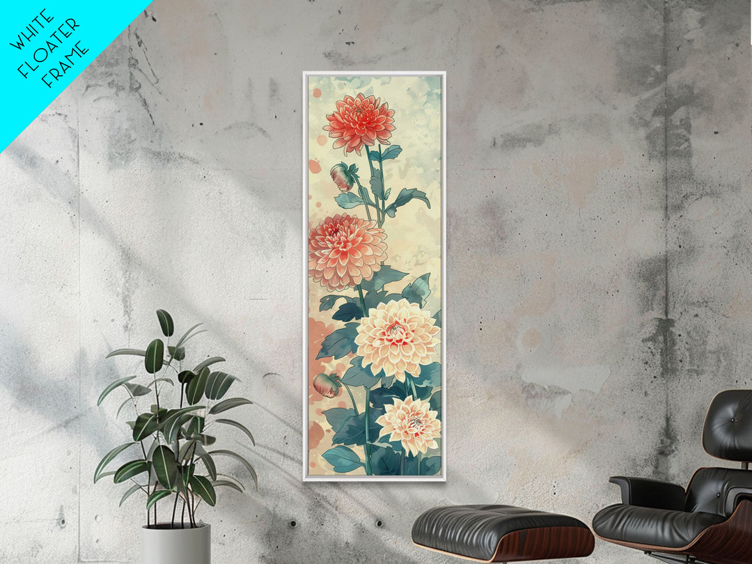 Chrysanthemums in Soft Pastel Tones on Tall Skinny Framed Canvas Print, Japanese Art Wall Decor