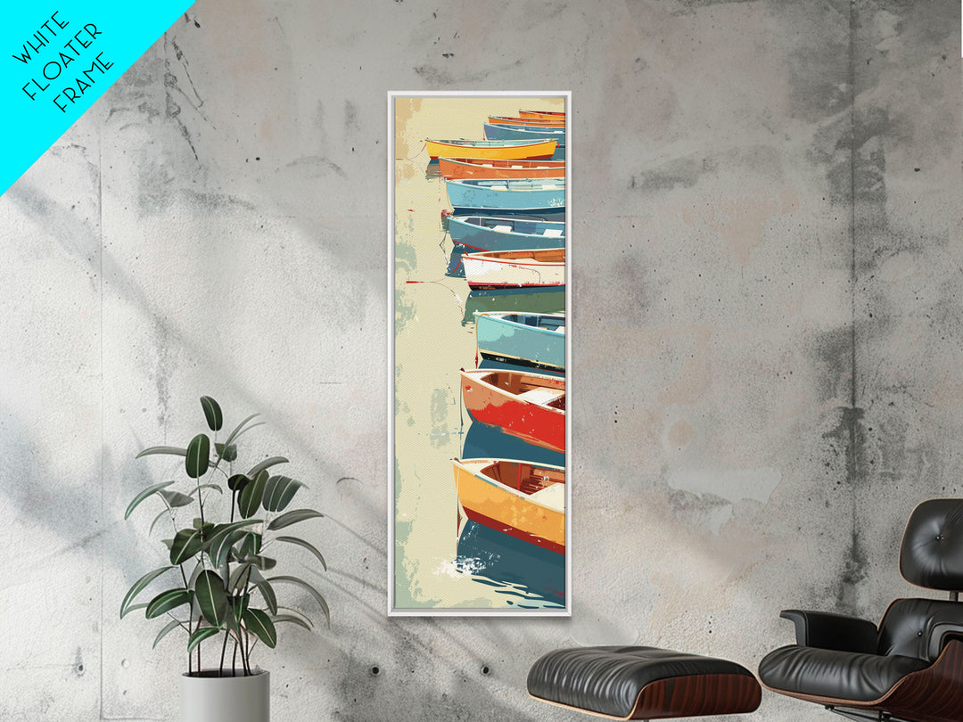 Row of Colorful Boats on Calm Water, Tall Skinny Framed Canvas Print for Nautical-Themed Wall Decor