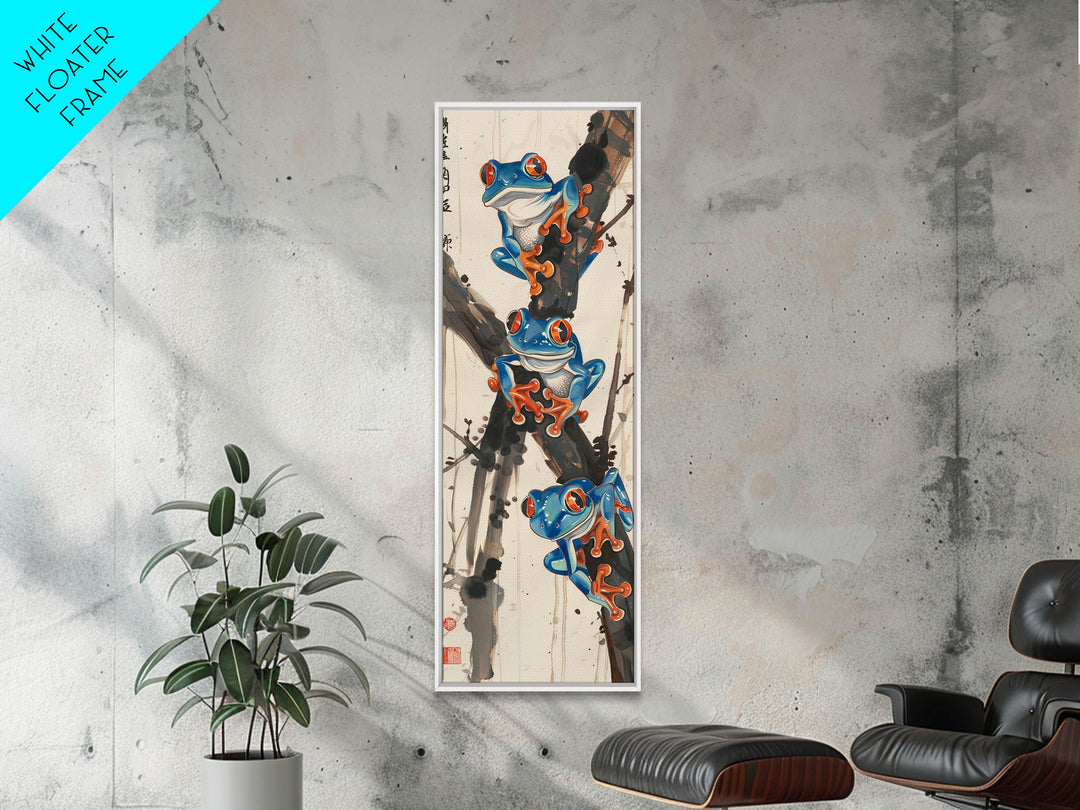 Three Blue Tree Frogs Branches Japanese Tall Wall Art Skinny Framed Canvas Print Ukiyo-e Style