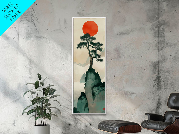 Bonsai Tree Mountain Red Sun Japanese Tall Wall Art Skinny Framed Canvas Print Ukiyo-e Style