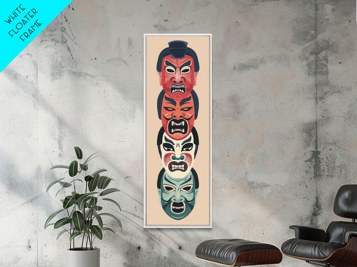 Bold Striking Japanese Kabuki Masks Vibrant Colors Depicted Traditional Style Tall Framed Canvas Print Cultural Home Decor
