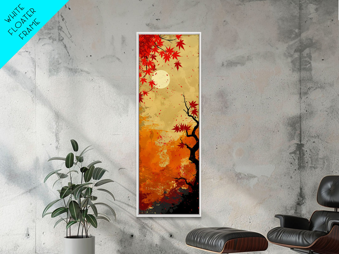 Dramatic Red Autumn Leaves Against Golden Sky Depicted Japanese Style Tall Framed Canvas Print Seasonal Wall Art