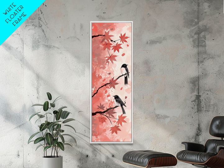 Red and Black Maple Leaves with Birds Perched on Branches Japanese Framed Canvas Print Ukiyo-e Art Skinny Tall Art