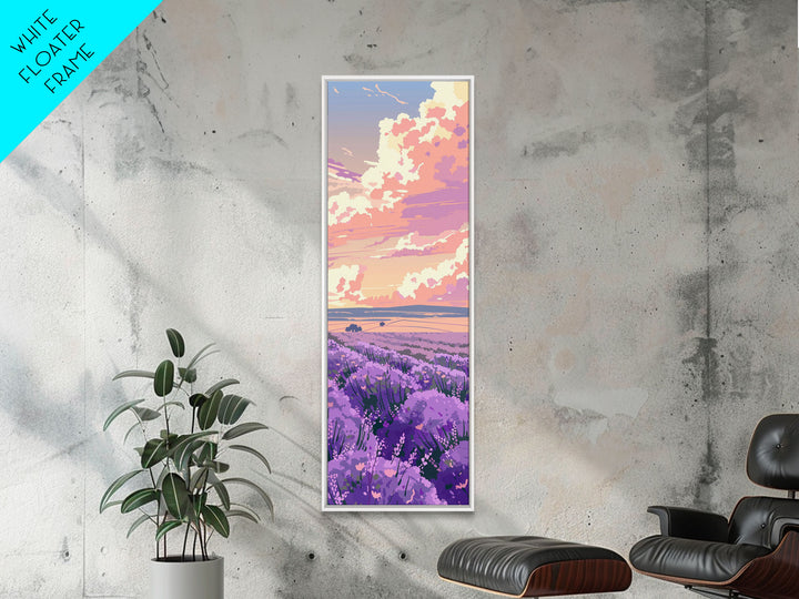 Expansive Lavender Field Beneath a Dramatic Cloudy Sky in Warm Pastel Hues Ukiyo-e Art Japanese Framed Canvas Print Skinny Tall Art