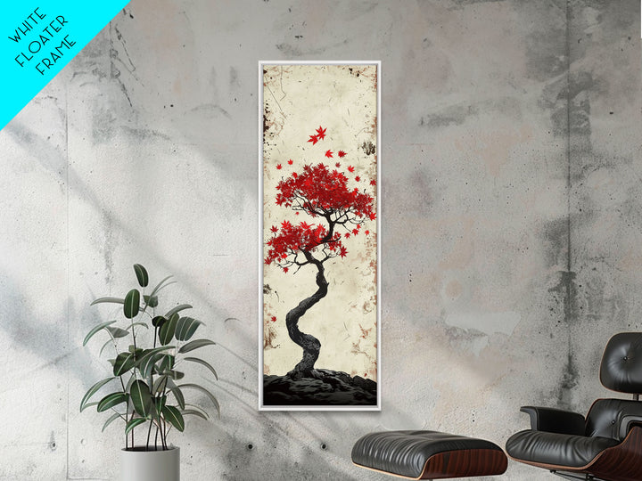 Red Maple Bonsai Tree Japanese Art Skinny Wall Art Framed Canvas Print with Windswept Branches and Red Leaves