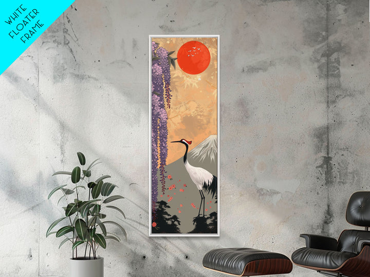 Japanese Crane Skinny Wall Art Framed Canvas Print in a Garden with Wisteria Flowers and Mount Fuji in the Background