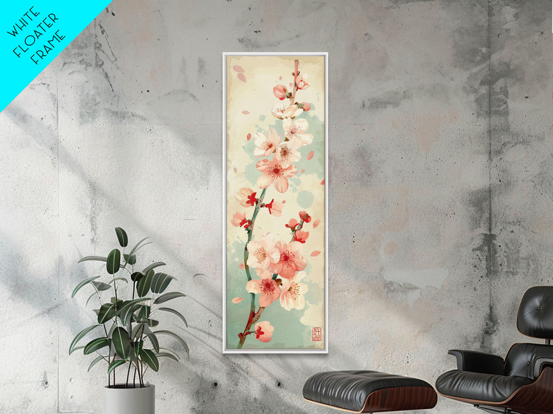 Cherry Blossom Japanese Art Skinny Wall Art Framed Canvas Print in Light Pastel Colors on Branch Against Subtle Green Background