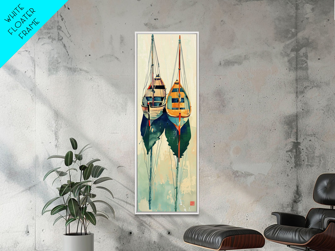 Reflective Calm Sailboats In The Harbor – Framed Canvas Print Featuring Skinny Art With Ukiyo-E Art And Japanese Style Art Tall Art Display
