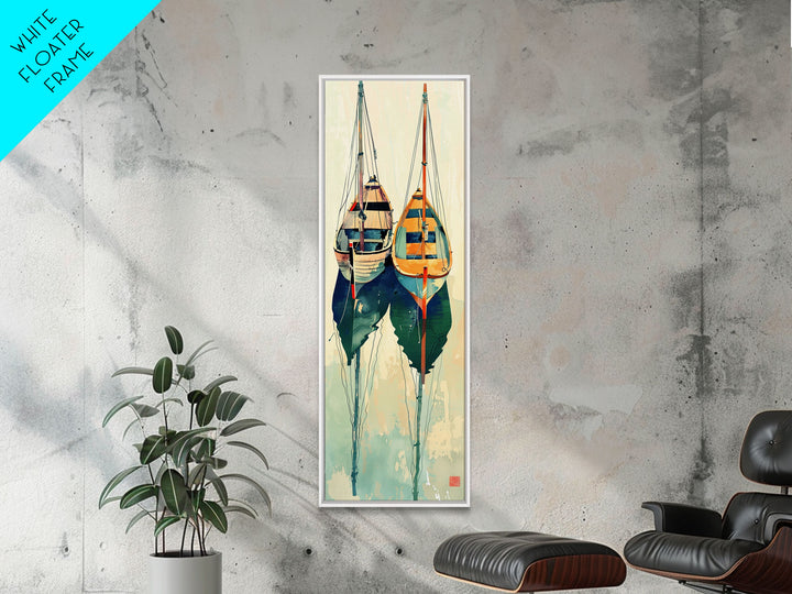 Reflective Calm Sailboats In The Harbor – Framed Canvas Print Featuring Skinny Art With Ukiyo-E Art And Japanese Style Art Tall Art Display
