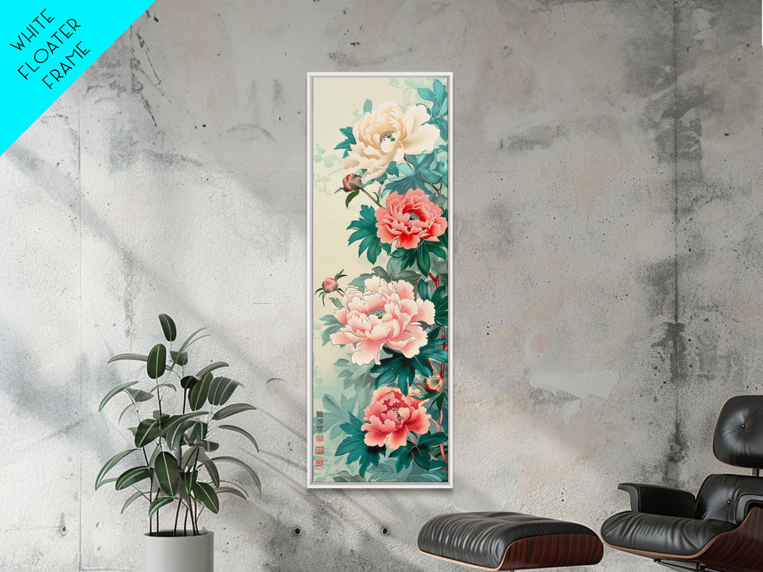 Japanese Style Art, Skinny Art, Tall Art, Peonies In Bloom Wood Block Print Framed Canvas Print Ukiyo-e Art