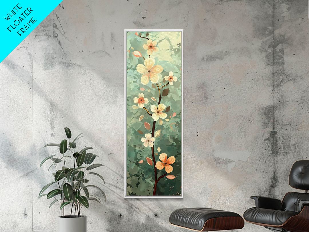 Japanese Style Art Featuring A Delicate Branch With Blooming Flowers, Skinny Art, Tall Art, Ukiyo-e Art, Framed Canvas Print, Wood Block Print