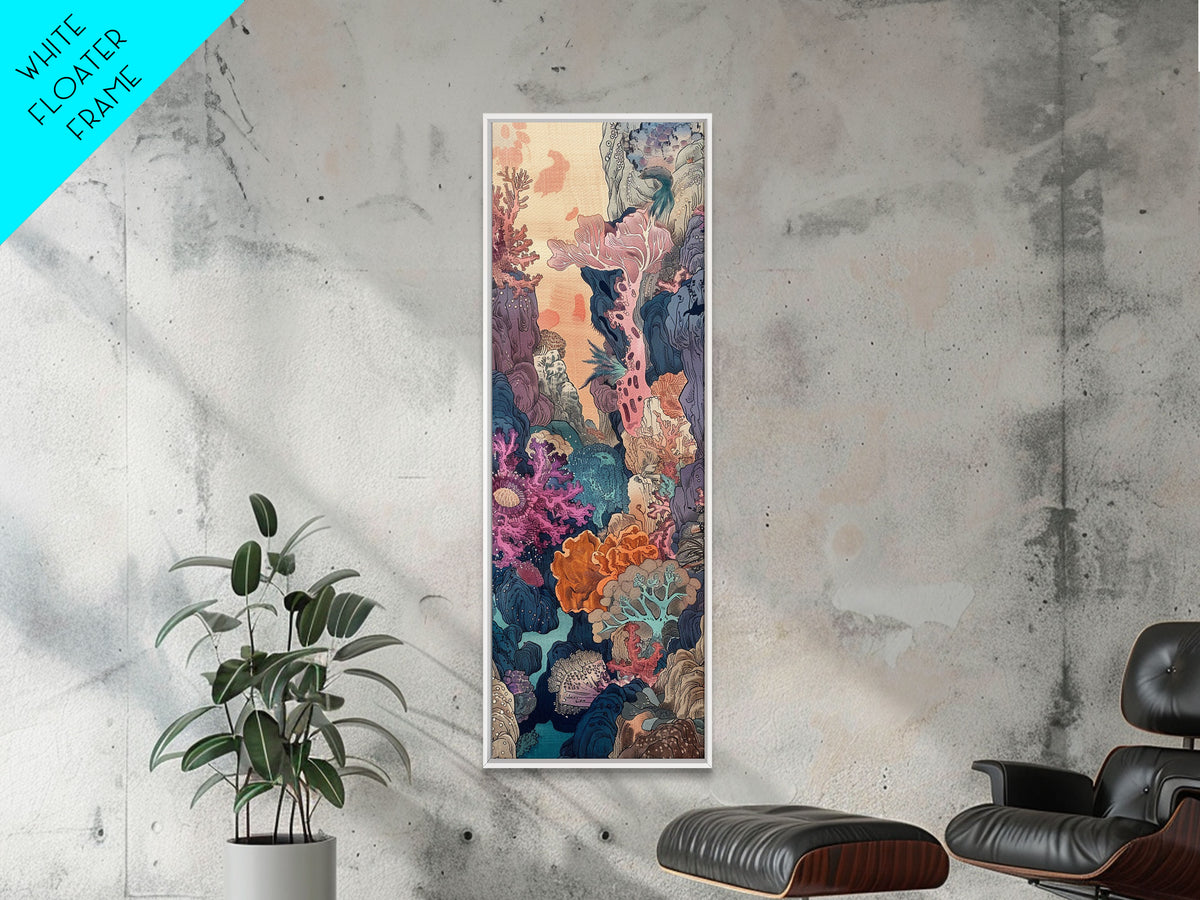Framed Canvas Print Of A Coral Reef Scene Filled With Vibrant Marine Life, Skinny Art, Tall Art, Japanese Style Art, Ukiyo-e Art, Wood Block Print